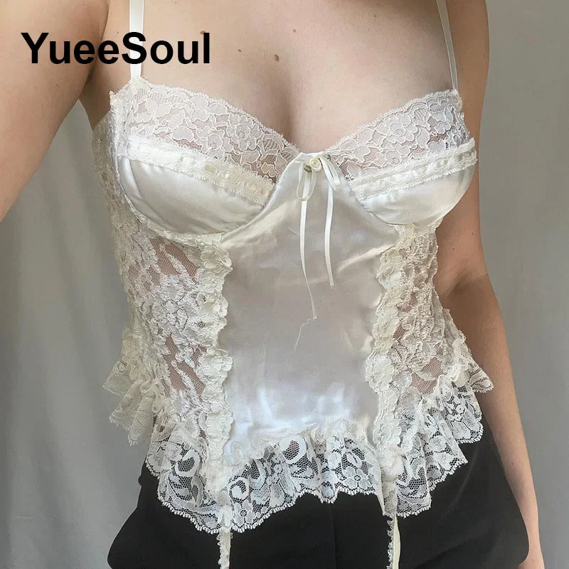 White Y2K Aesthetic Crop Top Elegant Vintage Sleeveless Slim Tank Tops 2024 New Summer 2000s Sweet Fairy Core Corset Women Top