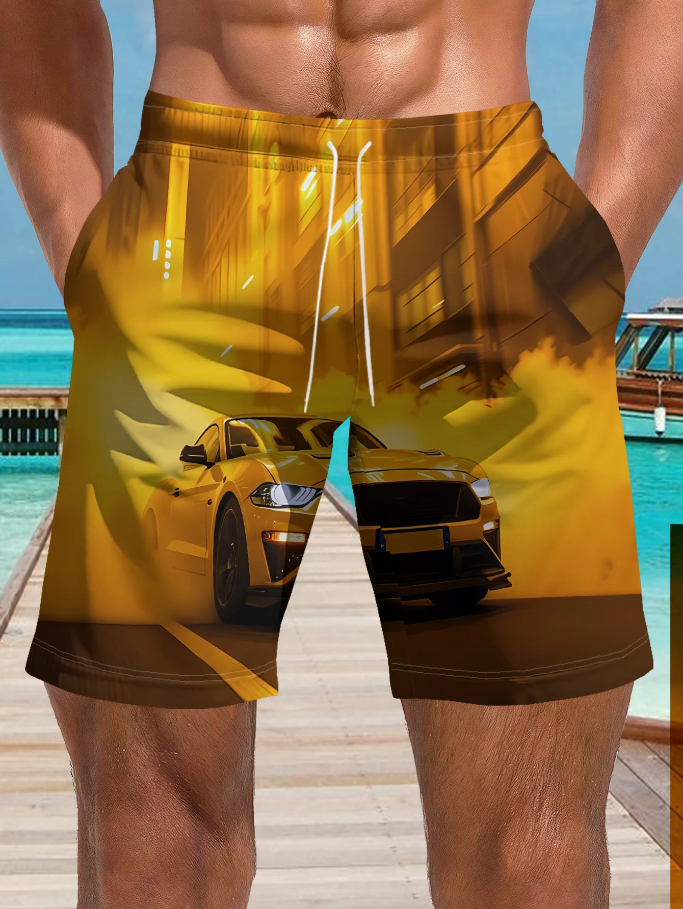 Mens Kiwi Fruit Ice Water Splash Print Quick Dry Drawstring Waist Beach Shorts Swim Trunks 2026