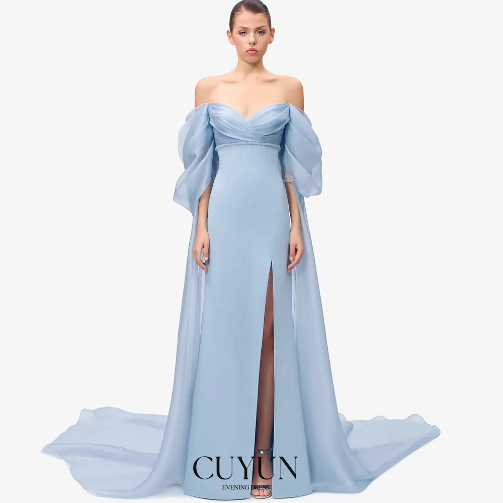 

CUYUN 2025 Вечерние женские вечерние платья Небесно-голубое вечернее платье с открытыми плечами и высоким разрезом Платья для выпускного вечера по индивидуальному заказу