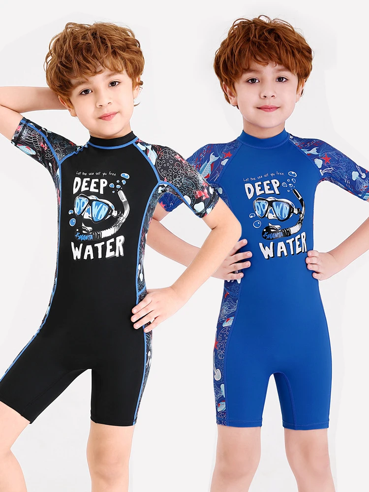 One-Piece Swim Suits Sportswear Girls Boys Summer Swimwear Children Swimsuits Kid Short Sleeve Quick Drying Sun Protection