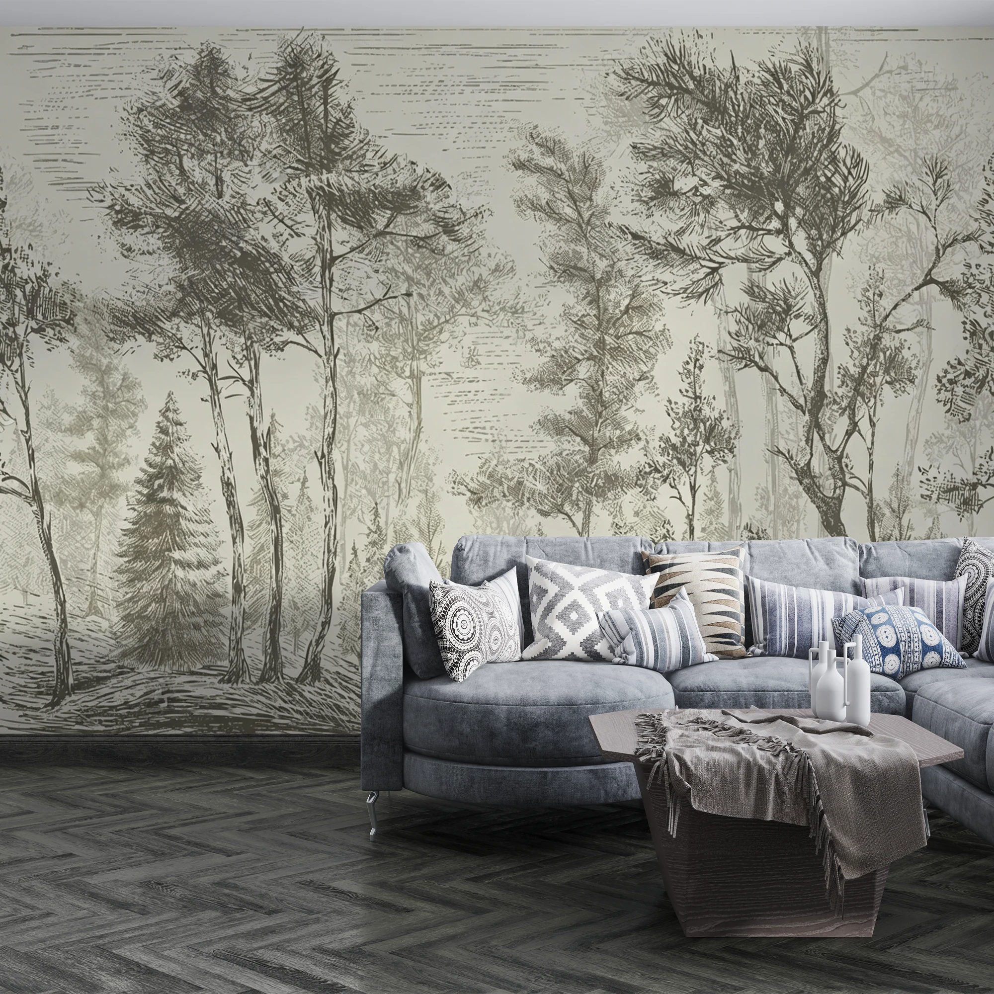 Vintage Sketch Forest Tree Wallpaper Retro Woodland Wall Mural Neutral Landscape Wall Decor For Living Room Bedroom
