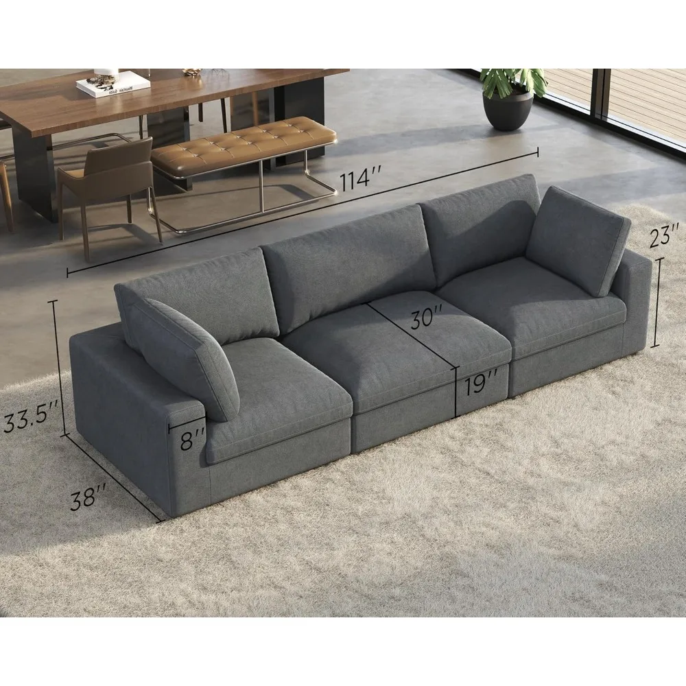 Modular Sectional Sofa, 152 Inches Down Filled Sectional Sofa, 6 Seats U Shaped Cloud Couch with Chaise, Grey Linen Couch Set