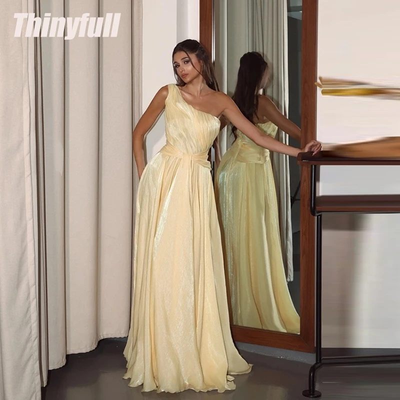 

Thinyfull A-line Arab Prom Dresses Sleeveless One Shoulder Shiny Satin Evening Party Gown Dubai Dress robes de soirée Customized