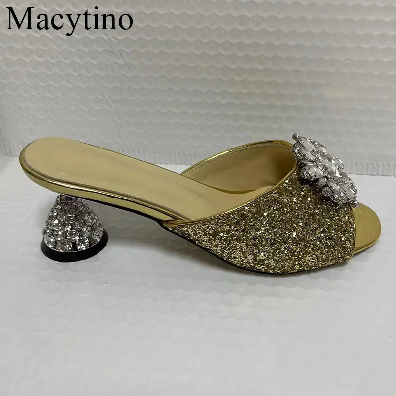 2024 Summer Rhinestone High Heels Cool Slippers Women Fashionable Wine Glasses With Sandals Pedal Women\'s Shoes Word Flops