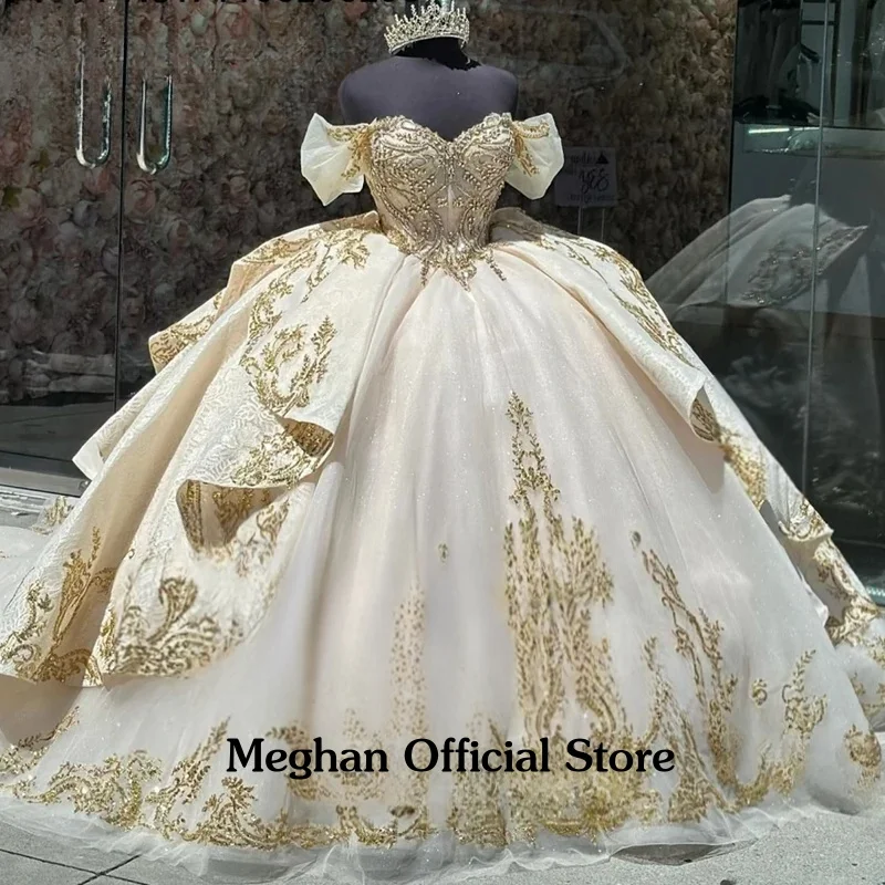 

Бальное платье цвета слоновой кости 15, платье Quinceanera с рукавами и оборками, вечерние платья с открытыми плечами, Vestidos De 15 Anos по индивидуальному заказу