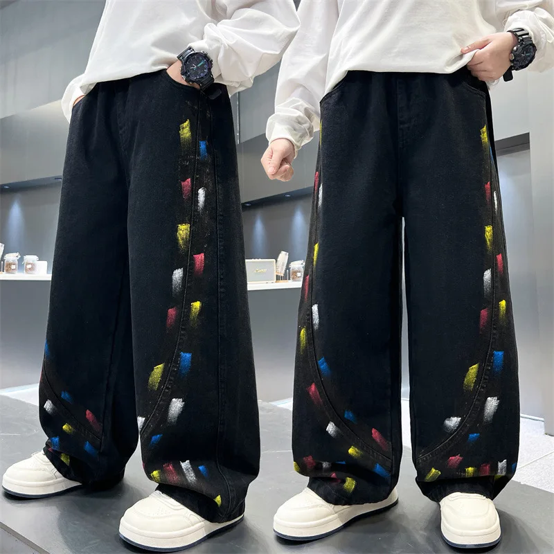 New Kids Autumn Wide Leg Jeans with Spray-Paint Design for Teenage Boys Stylish Street Trousers Children Hip Hop Denim Pants