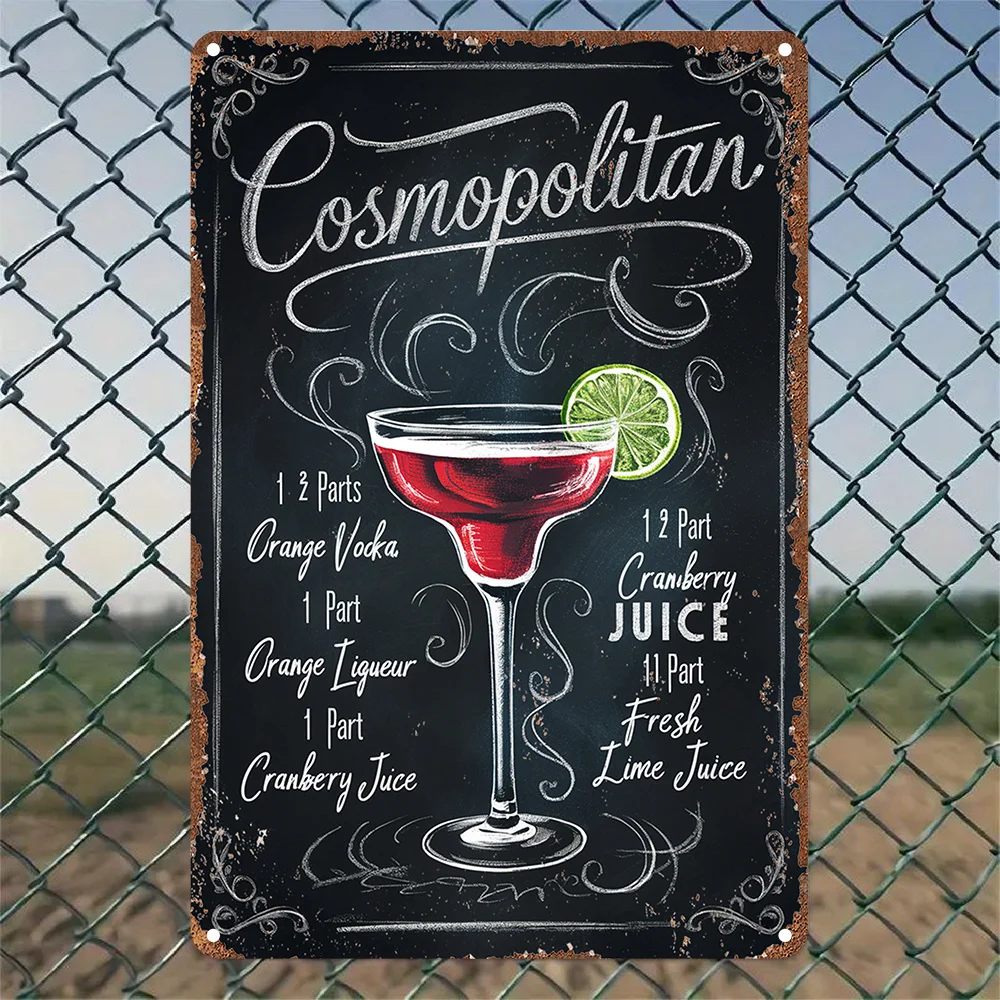 1 placa de estilo vintage com a inscrição “COSMOPOLITAN” - arte de parede chique com receitas de coquetéis, ideal para casa, bar, café, escritório e muito mais