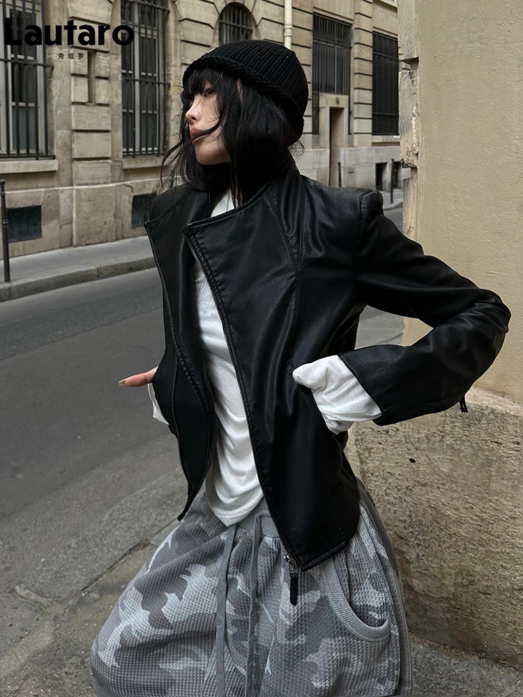 Lautaro Autumn Short Fitted Matte Black PU Leather Jacket Women Shoulder Pads Long Sleeve Luxury Designer Streetwear Clothes