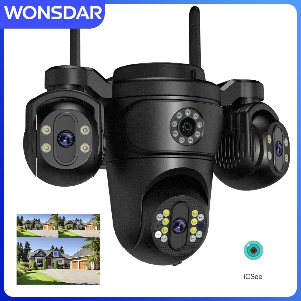 WONSDAR WiFi IP Camera Outdoor Triple Lenses Triple Screens Security Video Monitor HD AI Human Detection CCTV Camera ICsee