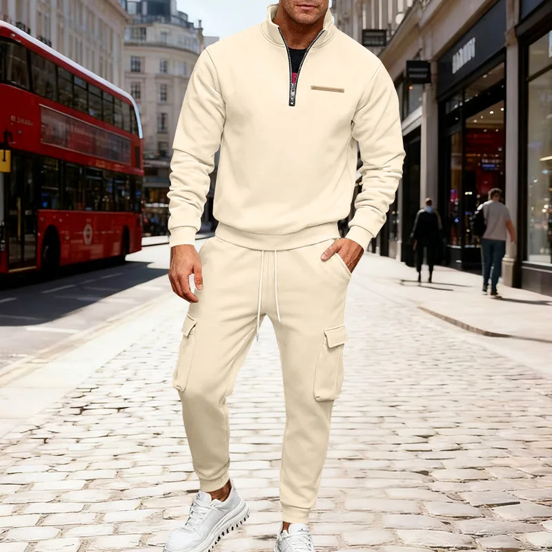 20025 Winter velvet half zipper stand-up collar pullover solid color casual sweater tooling trousers suit men