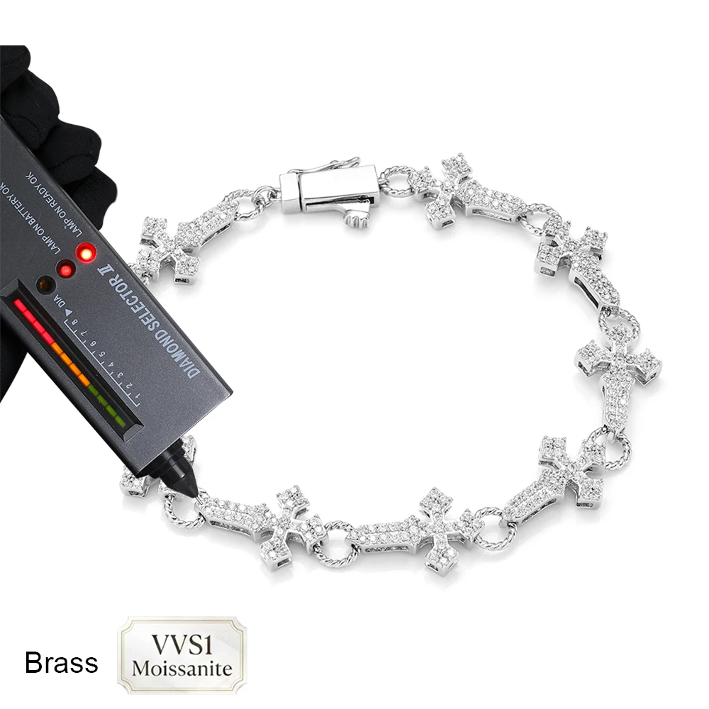 ICEBLING Hip Hop Iced Out Moissanite Cross Bracelet Brass Material Gold Silver Two Color Cross Link Wrist Bracelet Party Jewelry
