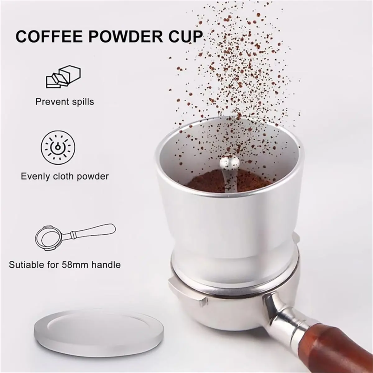 RECOMMENDATION  Coffee Dosing Ring, 58mm Aluminum Alloy Espresso Powder Receiver Container, Silver, Anti-Dust Press Cup