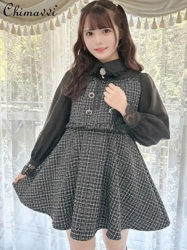 

Japanese New Sweet Girl Tweed Short Dress Autumn Winter Lolita Exquisite Long-sleeved Splicing Elegant Kawaii Women's Base Dress
