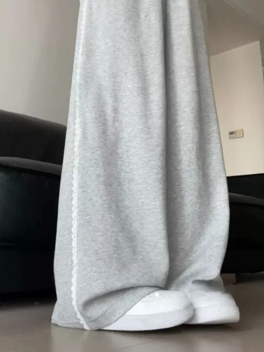 بنطلون أمريكي عالي الخصر وواسع الساق مزين بالدانتيل كاجوال بنطال رياضي مستقيم بطول الأرض للنساء #1