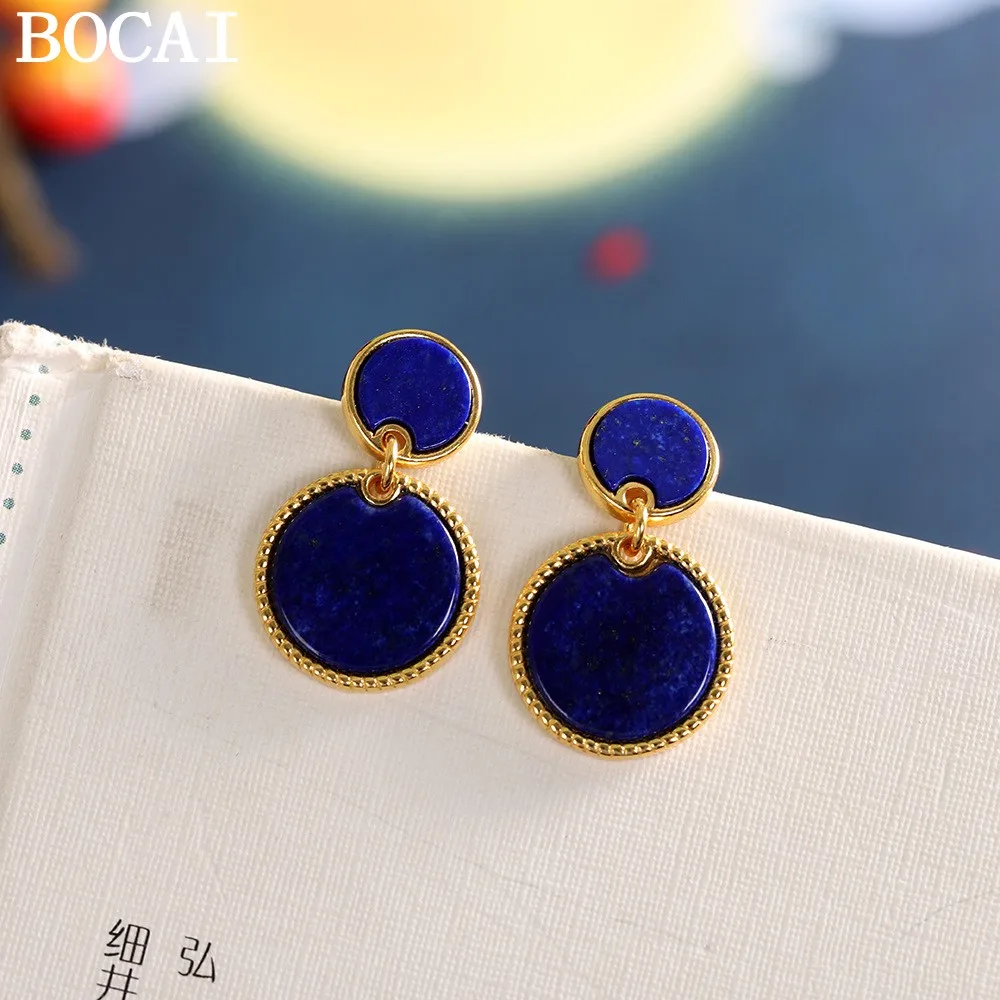 

Серьги BOCAI NEW S925 из серебра 925 пробы, модные и простые, круглые, с лазуритом, подарок для женщин