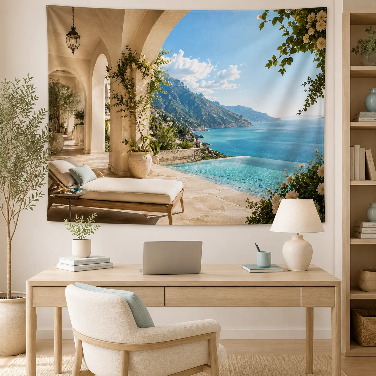 Mediterranean Villa Sea View Tapestry, Stone Arch Ocean Pool Landscape Wall Hanging