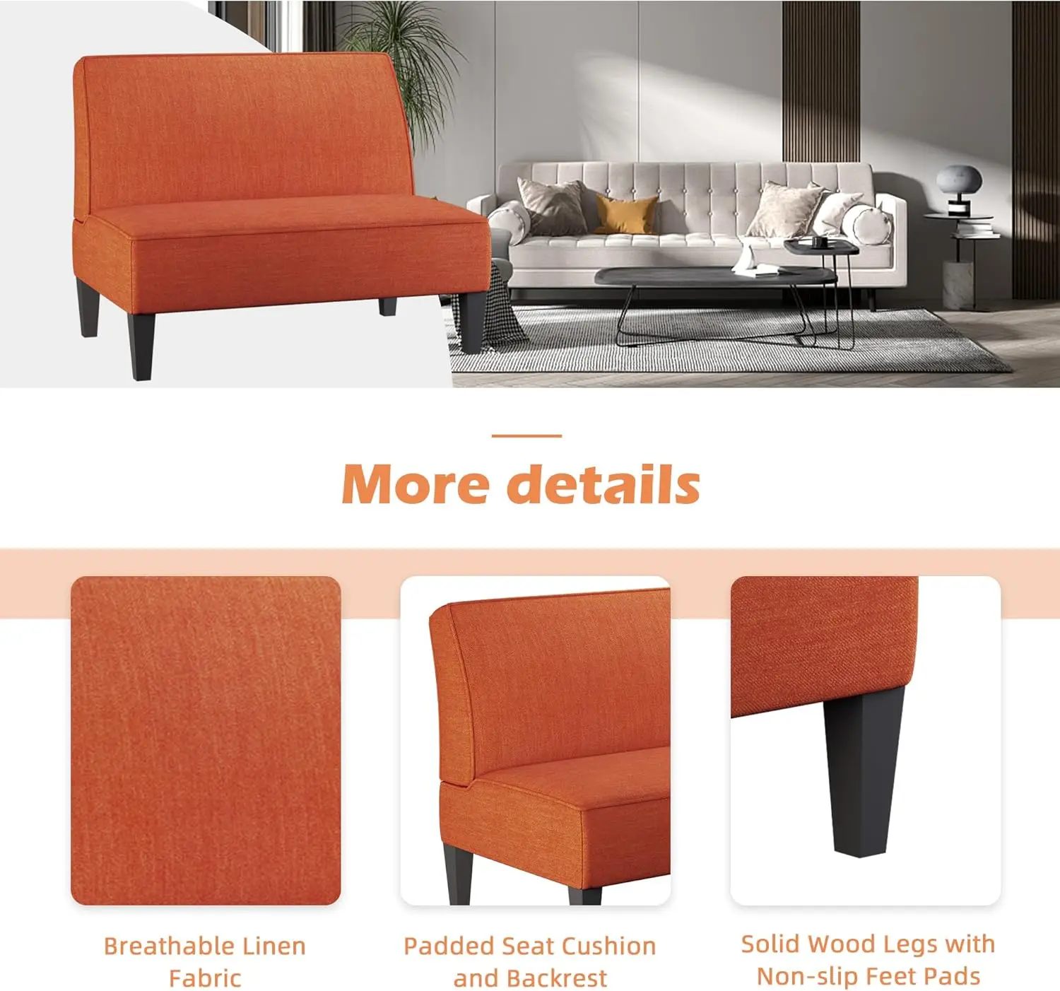 Small Loveseat Mini Sofa Couch Accent Upholstered Bench with Back Living Room Bedroom Office ArmlLove Seat Settee Orange