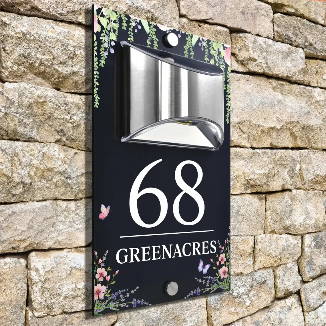 Custom Number Sign Solar Illuminated Modern House Number Sign Butterfly Flower Border Design Address Plaque Number Sign