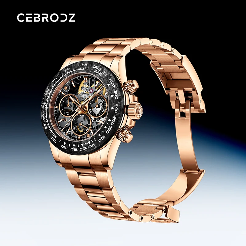 CEBRODZ Automatic Chronograph Interchangeable Zircon Ceramic Carbon Fiber Bezel Watch for Men Rose Gold Stainless Steel 165100A