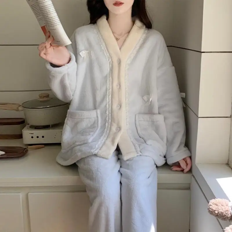 

Winter Women's Pajama Set Girl Nightwear New Japanese Stripe Flannel Pants Cozy Warm Two Piece Loungewear Home Sleepwear Set