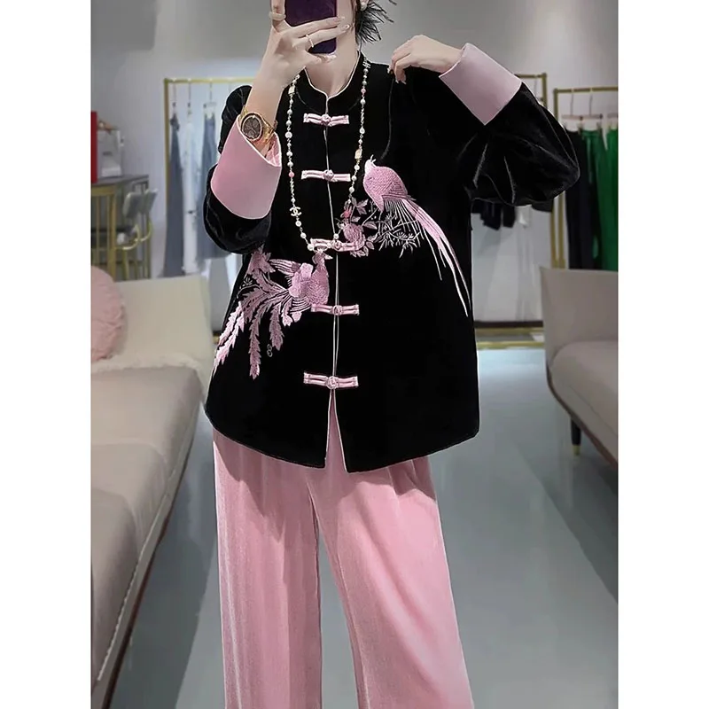 High-End Phoenix Embroidery New Chinese Style National Wind Women's New Black Tang Suit Buckle Comfortable Coat Autumn Winter