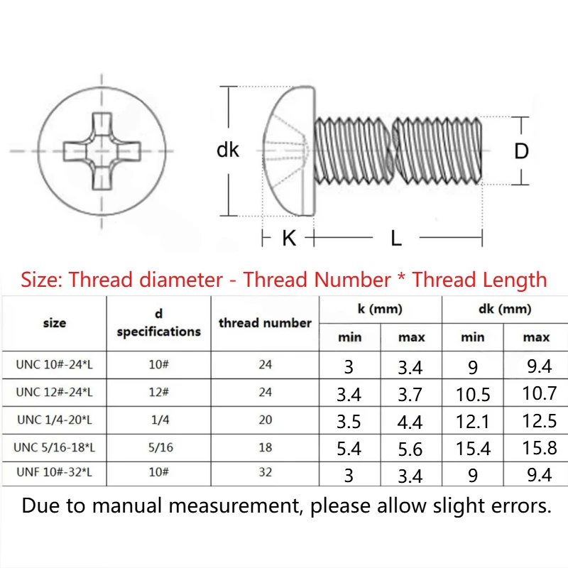 10/30/50pcs UNC/UNF 10#-24 10#-32 12#-24 1/4-20 5/16-18 304 Stainless Steel Cross Round Phillips Pan Head Screw Bolt