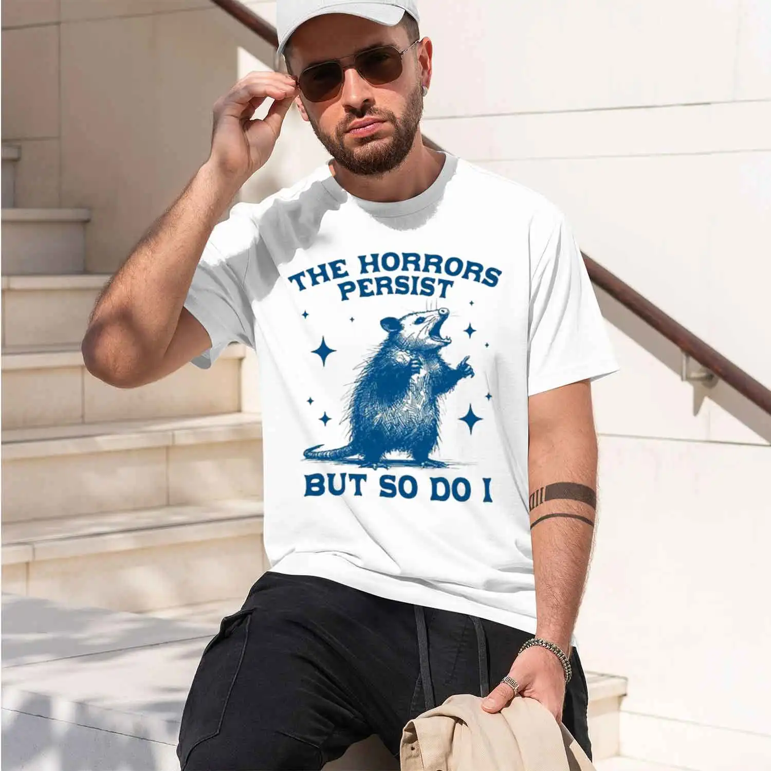 The Horrors Persist But So I T Shirt for Men Women Retro Opossum Tshirt Funny Mental Health Grh T Shirts Men Clothes 2026 New Mo