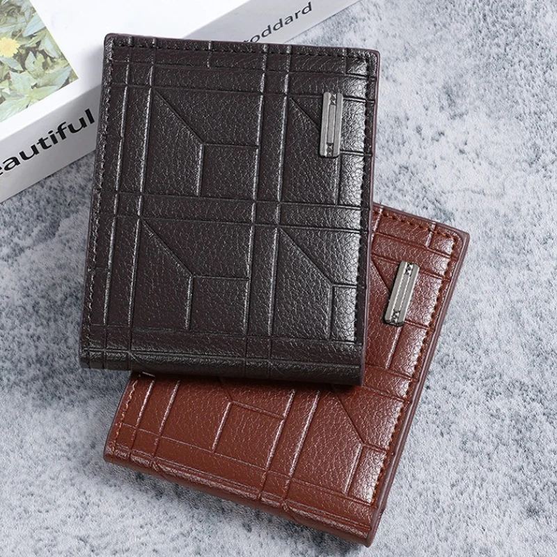 New Brand Men'S Wallet Men'S Short Wallet Youth Fashion Plaid Horizontal Soft Leather Wallet Large Capacity Multi Card Wallet