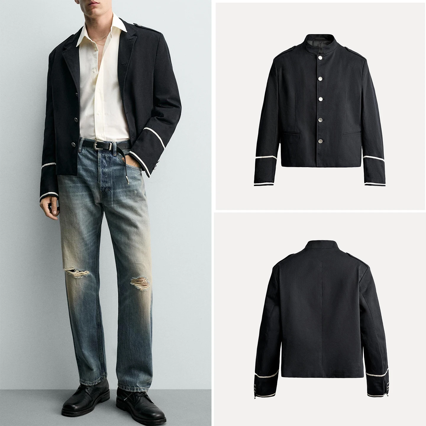 Men's Summer Fashion Color Block Short Jacket Long Sleeve Zhongshan Collar Coat Standard Fit round Neck Casual Outerwear