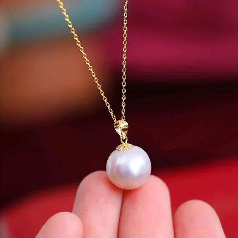 YUNLI Real 18K Yellow Gold Necklace Pendant Round Natural Freshwater Pearl Pure AU750 Fine Jewelry for Women PE016