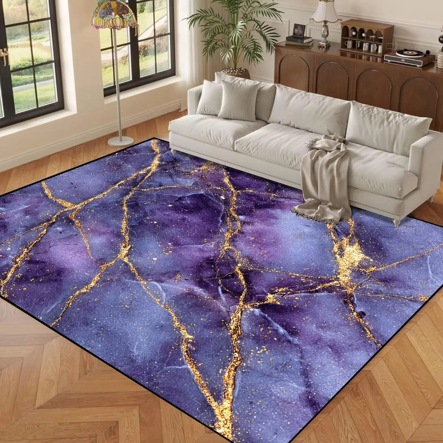 Purple Gold Marble Print Mat, Elegant Gold Vein Fluid Art Print,Non-Slip Washable Rug for Entry Hall Kitchen Office Indoor Decor