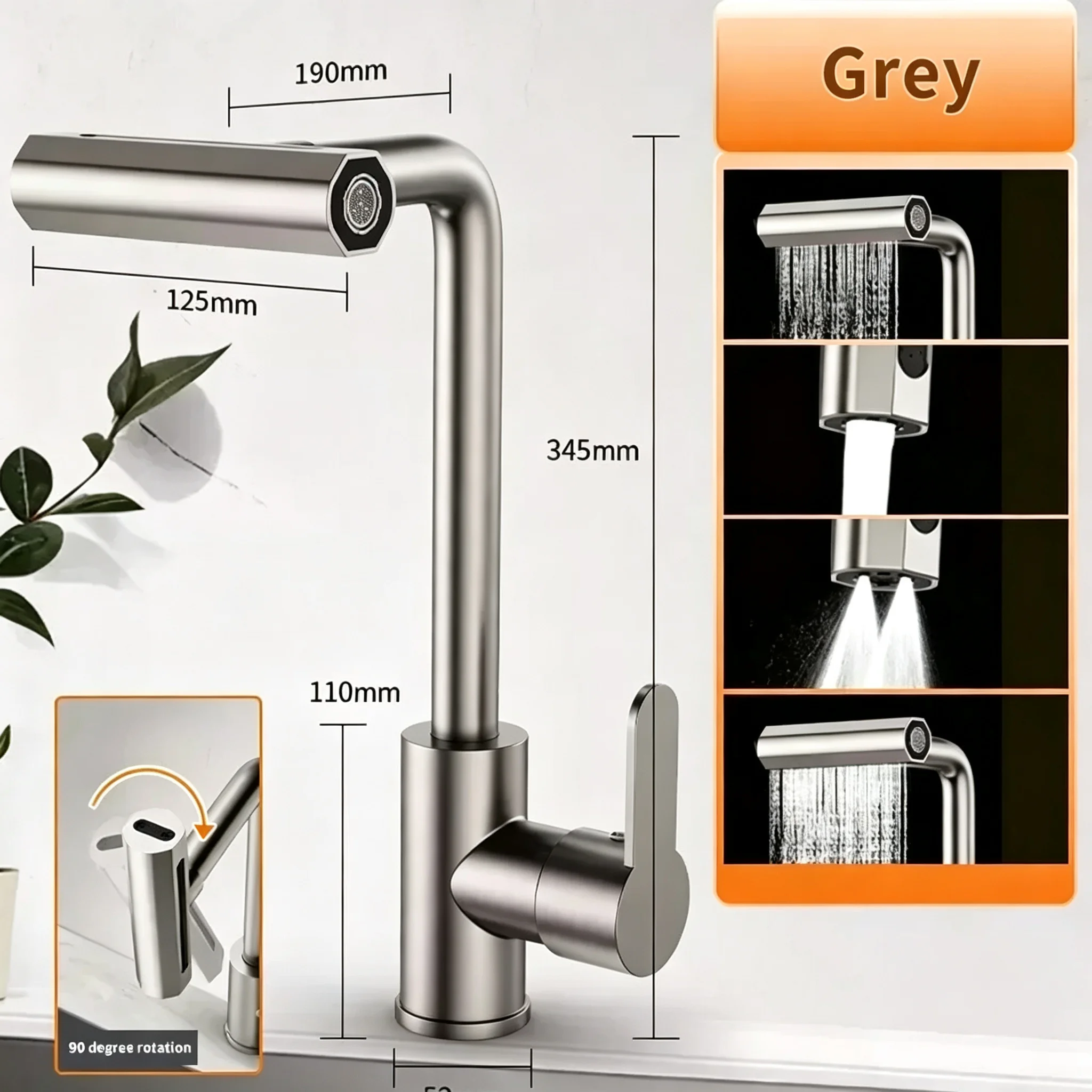 4-Mode Waterfall Kitchen Faucet 360° Rotating Swing Arm Hot & Cold Stainless Steel Sink Tap Deck Mount