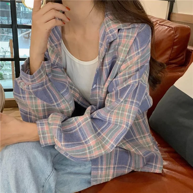 

Women's Plaid irt Spring Summer Loose Fit Cleanfit Sle Long Sve Ne Polypropylene Material Thin Non-deformable