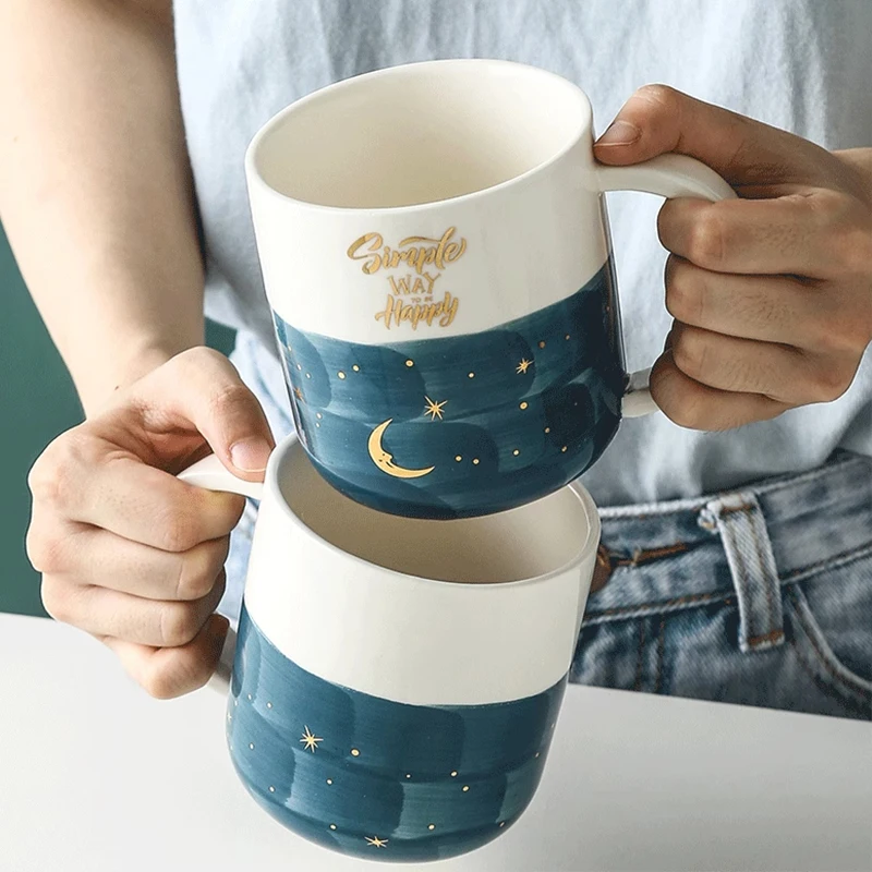 Romantic Starlit Sky Ceramic Cup New Household 400ml Splicing Underglaze Color Handle Cups Gold-drawing Letter Aesthetic Mug