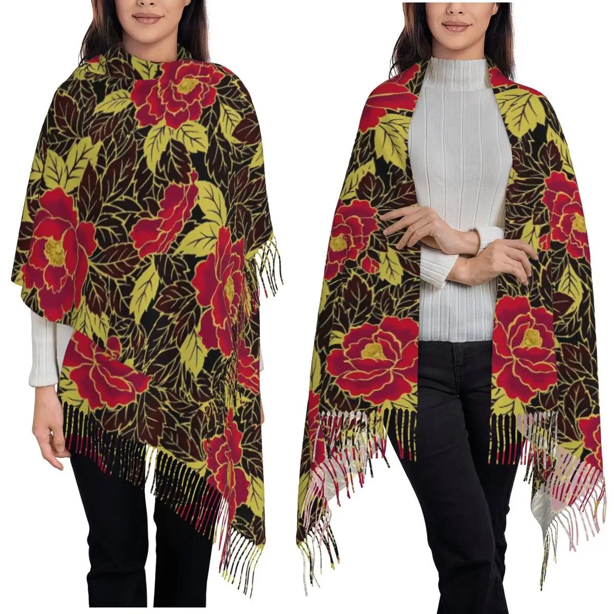 

Peony Flower Scarf Tassel Scarves for Women Soft Warm Shawls and Wraps Long Fall Winter Shawl Wrap