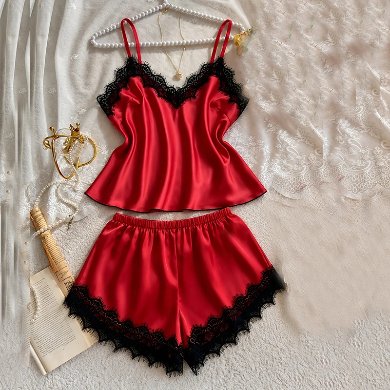 2026 Summer Lace Silk Pajama Set For Women Sleepwear Sexy Lingerie Camisole Vest And Shorts Two-Piece Comfortable Casual Pijamas