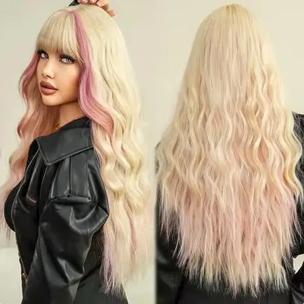 

Costume Wig Long Loose Curly Wave Blonde for Women Daily Party High Density Synthetic Highlight Pink Hair Wigs with Neat Bangs