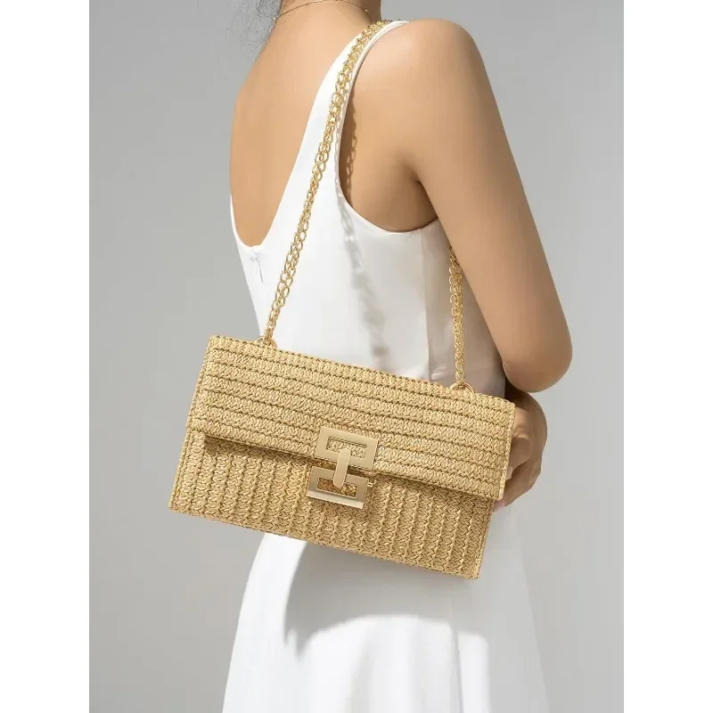 

2024 Newest Bag Ladies Vacation Style Multi-compartment Chain Flip Screw Lock Straw Bag Shoulder Bag Women's Bag