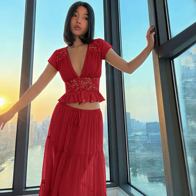 

Fashion Chiffon Skirt Set 2 Piece Outfit Short Sleeve Top and Maxi Skirt Lace V Neck Sexy Casual Wear for Women Club Party Set