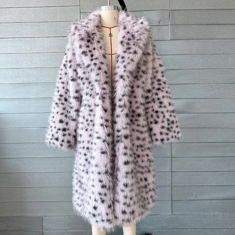 Faux Fur Coat Loose Suit Collar Leopard Print Long Jacket Women's Winter Clothing Promotion