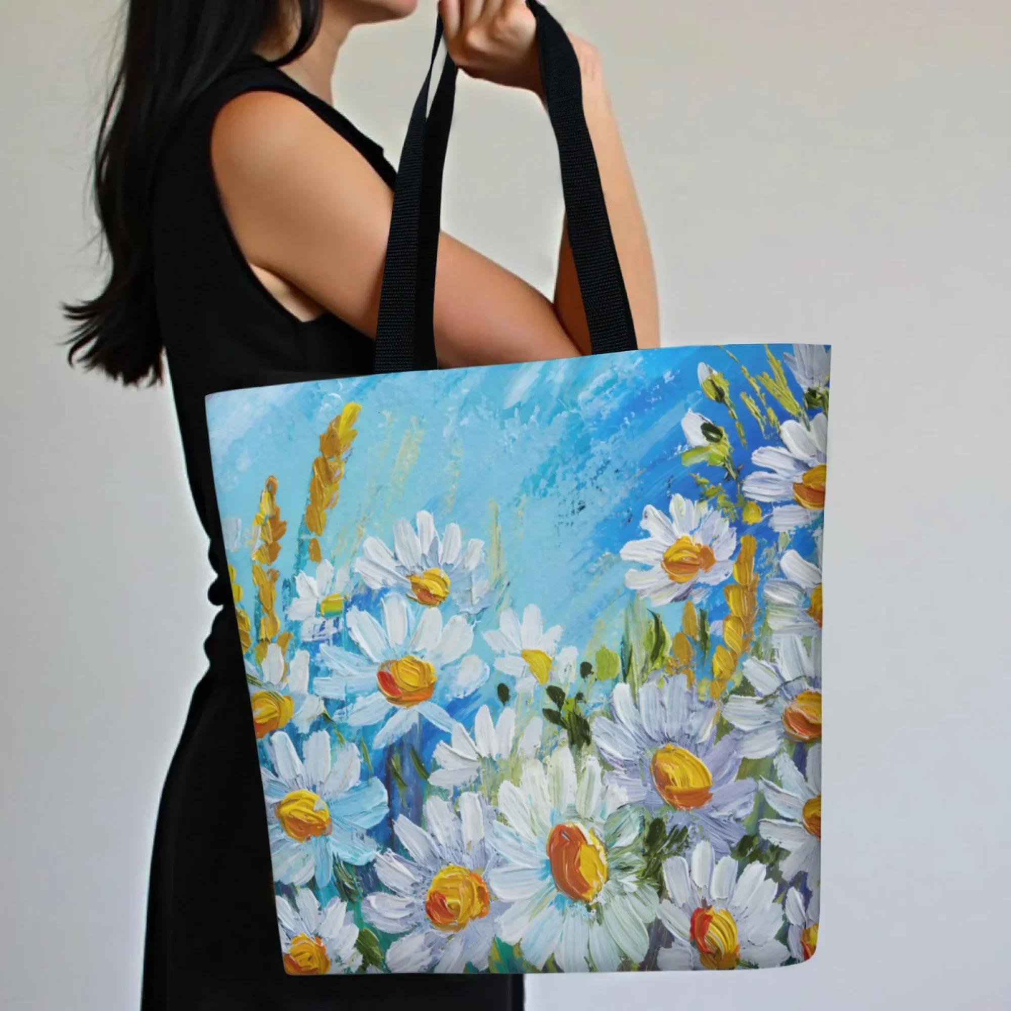 

Oil Painting Daisy Canvas Women Tote Bag Fresh Spring Floral Pattern Reusable Shoulder Bag Perfect Gift for Nature & Art Lovers