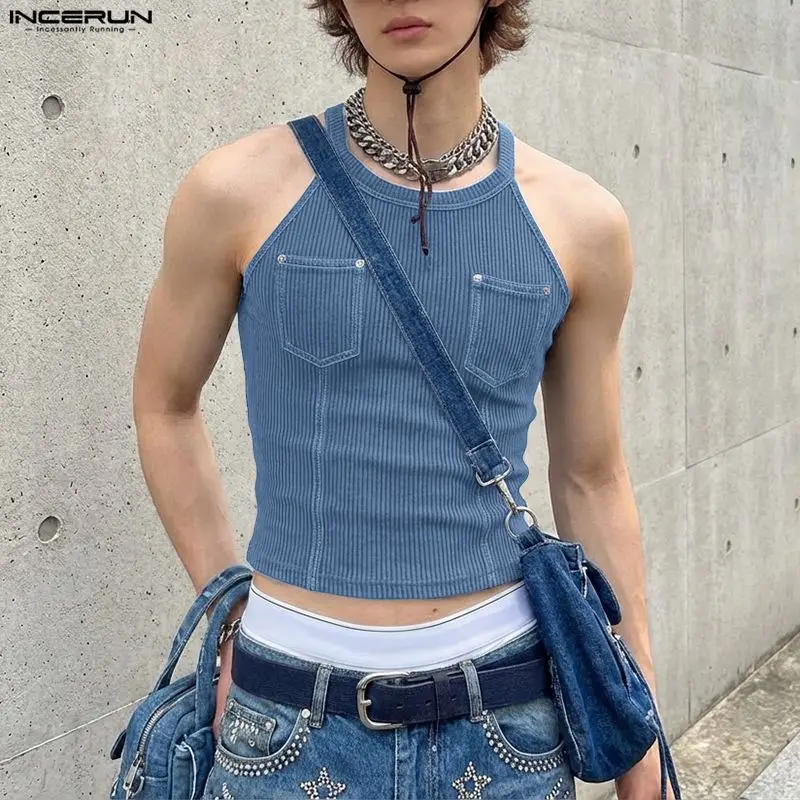 INCERUN Herren Tanktops Einfarbig O-Ausschnitt Ärmellos Gestrickte Männerwesten Sommer Streetwear Sexy Mode Lässige Crop-Tops für Männer