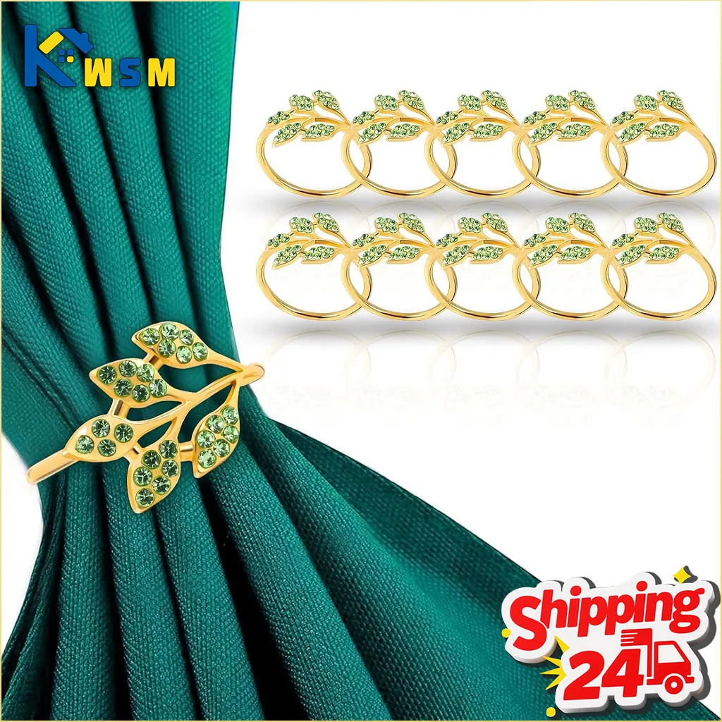 4-12PCS Napkin Rings Luxurious Green Leaf Rhinestone Shimmering Table Setting for Wedding Hotel Banquet Dinner Party Home