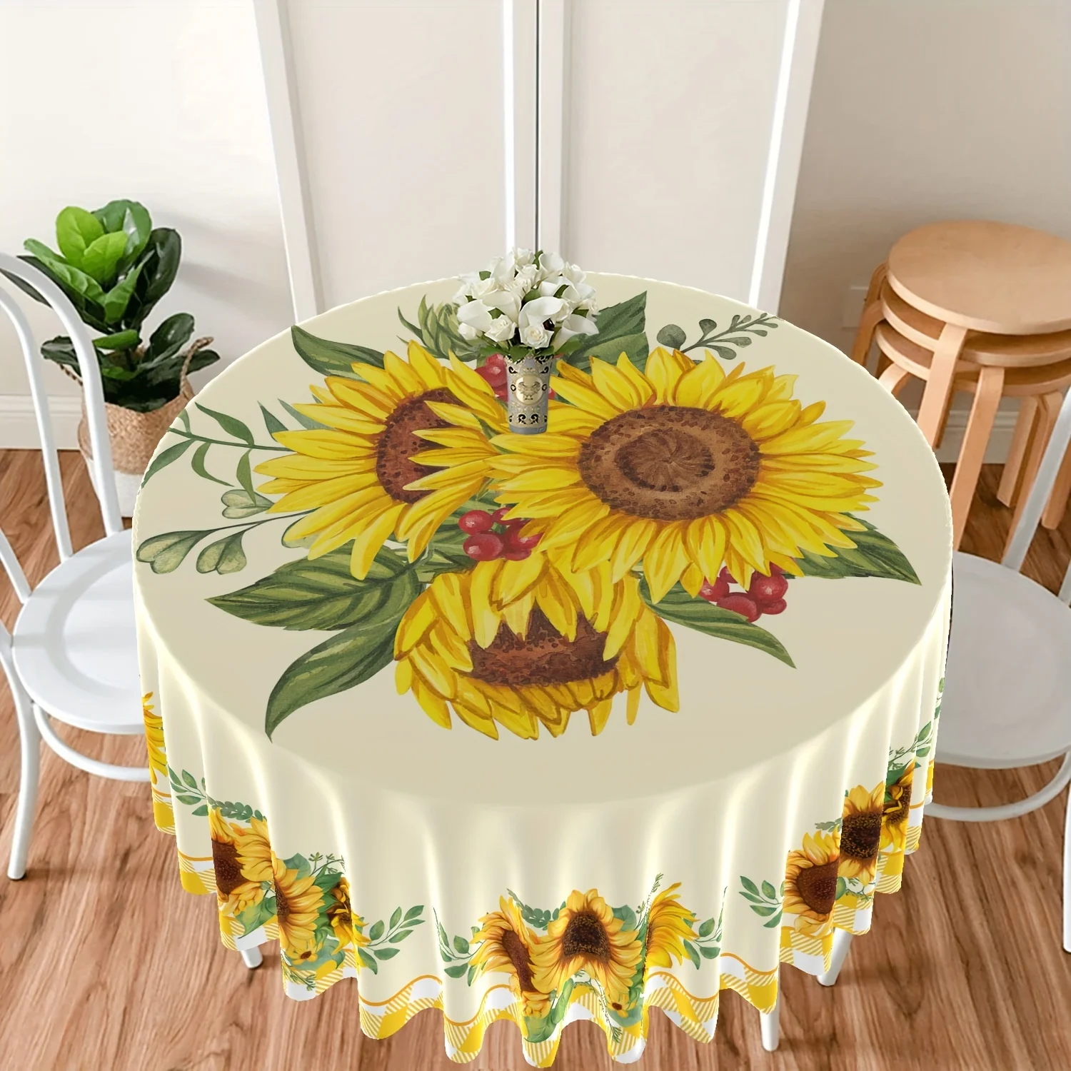 Sunflower Oil Painting Grid Border Print Home Living Room Kitchen Round Dustproof Tablecloth Holiday Party Decoration Cloth