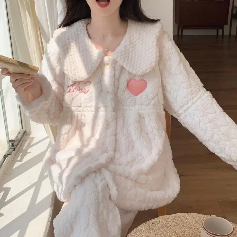 

Sweet Princess Style Winter Outfit Pajamas Women Autumn Comfortable Sleepwear Thickened Female Warm Coral Fleece Doll Collar