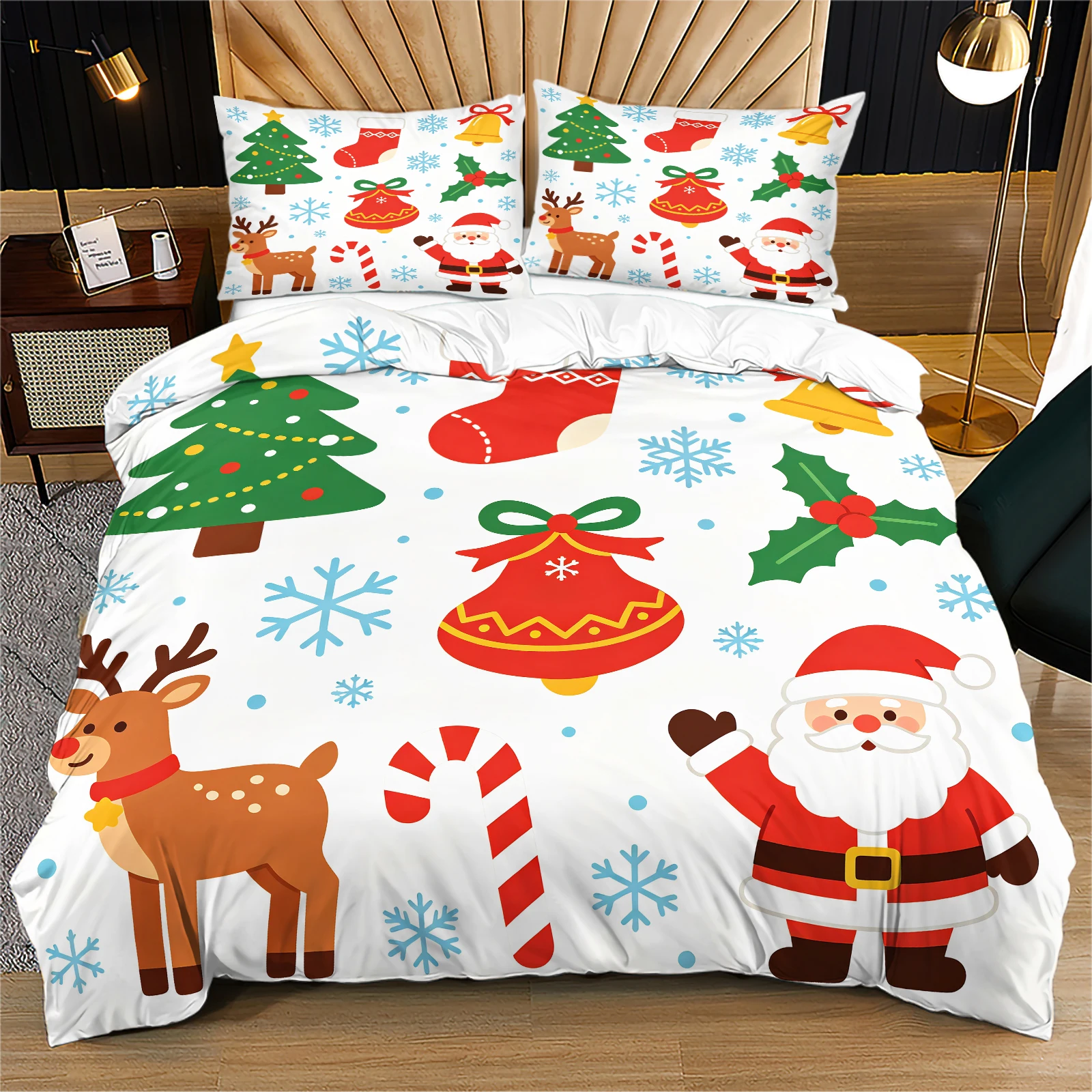 Cute Christmas Element Duvet Cover Set Cartoon Santa Reindeer Christmas Tree Bell Candy Cane Print Bedding with Pillowcases