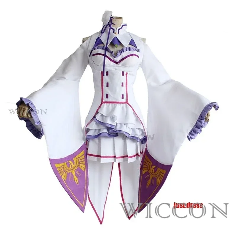 EE01 アニメエミリアコスプレリゼロ衣装靴コスプレ衣装ロリータかわいいウィッグ女性ドレスハロウィン衣装女性のためのエルフ &0Ww