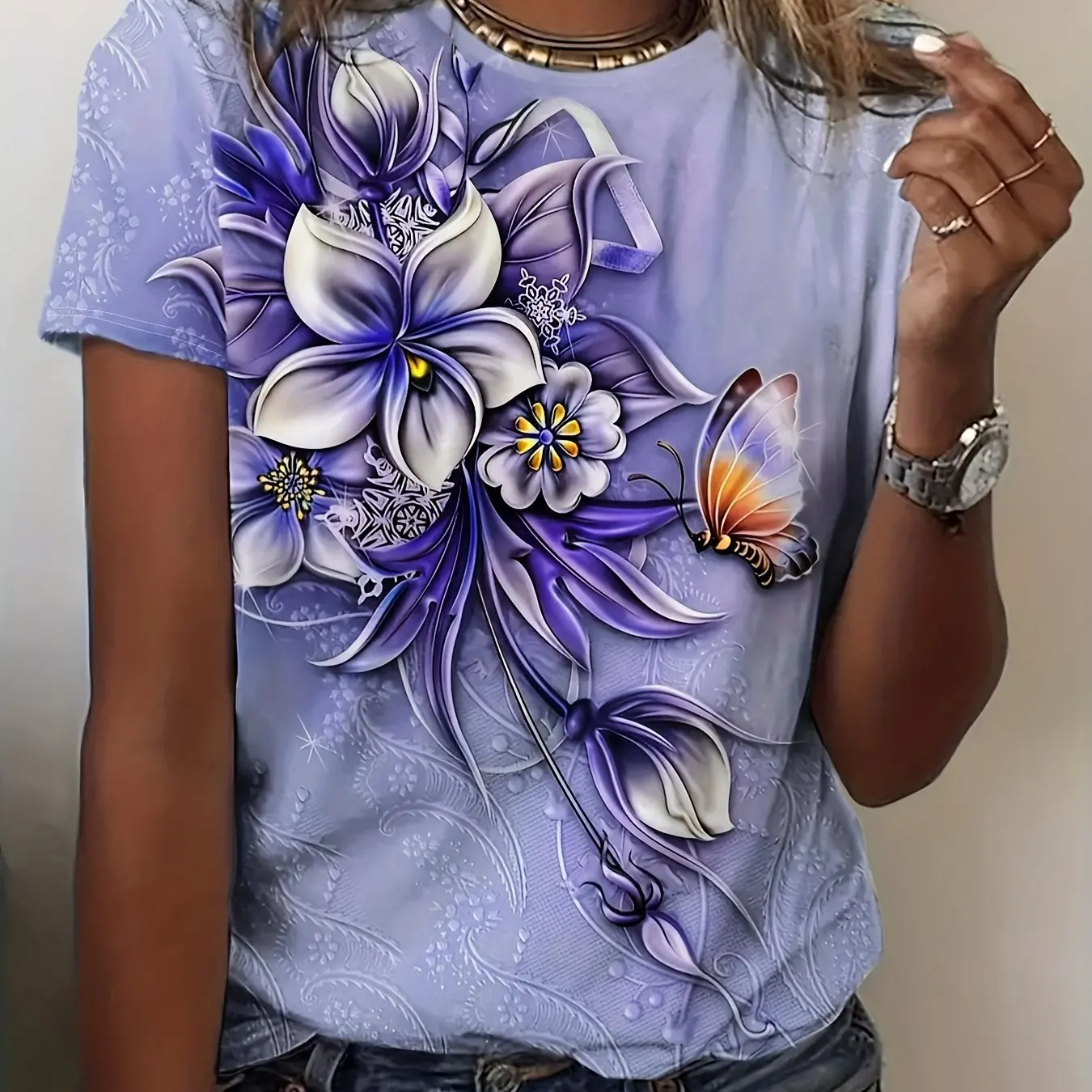 Women Flower Butterfly Printed Women's T-Shirt Summer NEW Oversized T-Shirt Popular Clothes Women Clothing Short Sleeve Tee