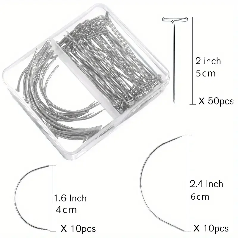 70 pieces T & C curved wig making pins needles set with storage case for secure hair weaving wig making blocking knitting