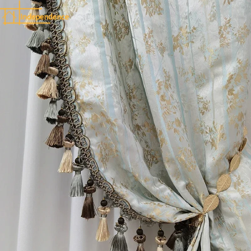 

Gold Jacquard Blue Grey Thickened Blackout Curtains for Living Room Bedroom French Window Balcony Window Villa Customization